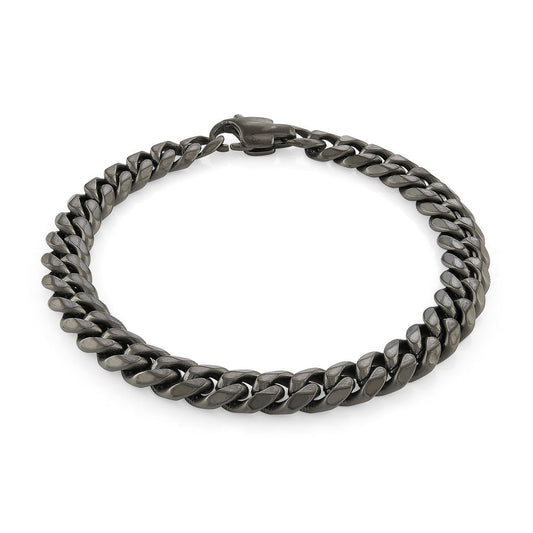 Dark grey stainless steel curb link bracelet.