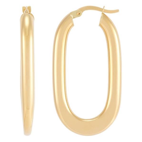Polished 14K yellow gold large hoop earrings.