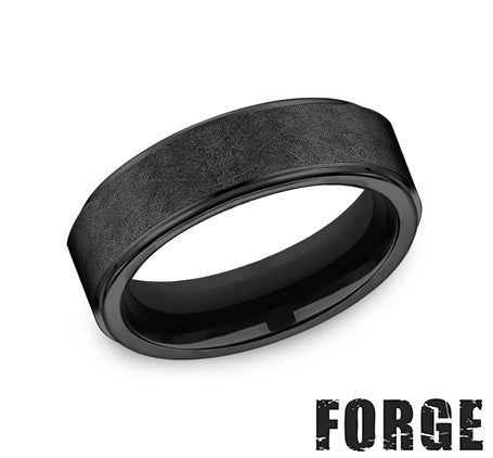 Black titanium carved men's band, minimalist design.