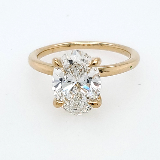 ReMARKable Designs Solitaire Hidden Accent Lab-Grown Diamond Complete Engagement Ring in 14 Karat Yellow Gold with 3.16ct Oval Center Lab-Grown Diamond, Color: E, Clarity: VS1
