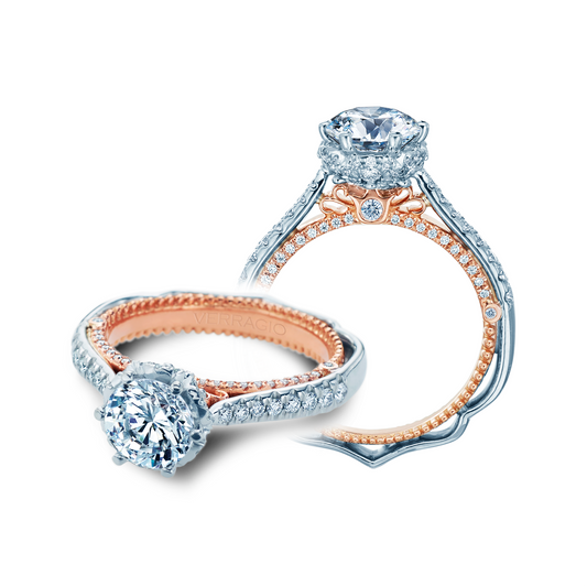 18K white-rose gold diamond halo ring.