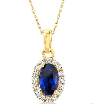 Oval sapphire necklace with diamond halo.