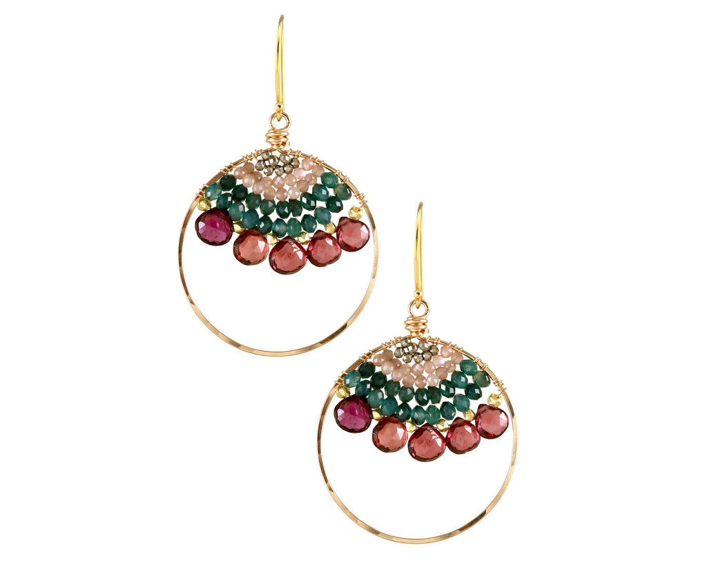Gold hoops with Rhodolite Garnet and gemstones.
