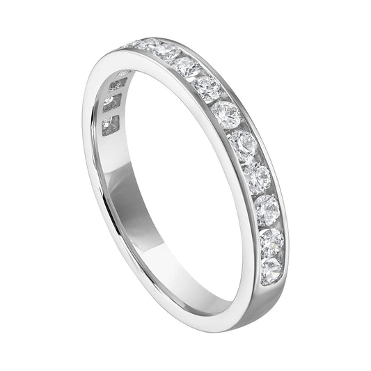 14K white gold band with round diamonds.