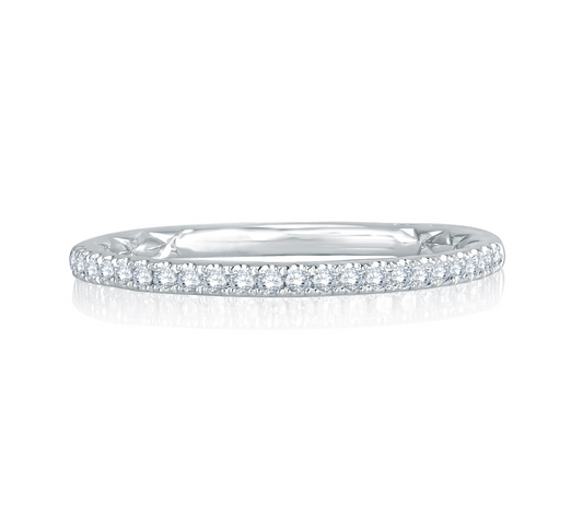14K white gold band with round diamonds.