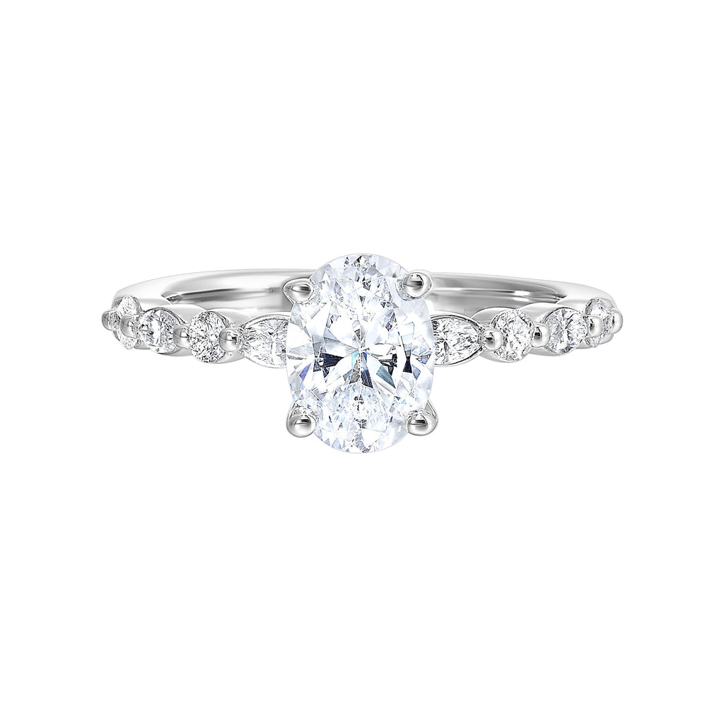 White gold ring with side diamonds.