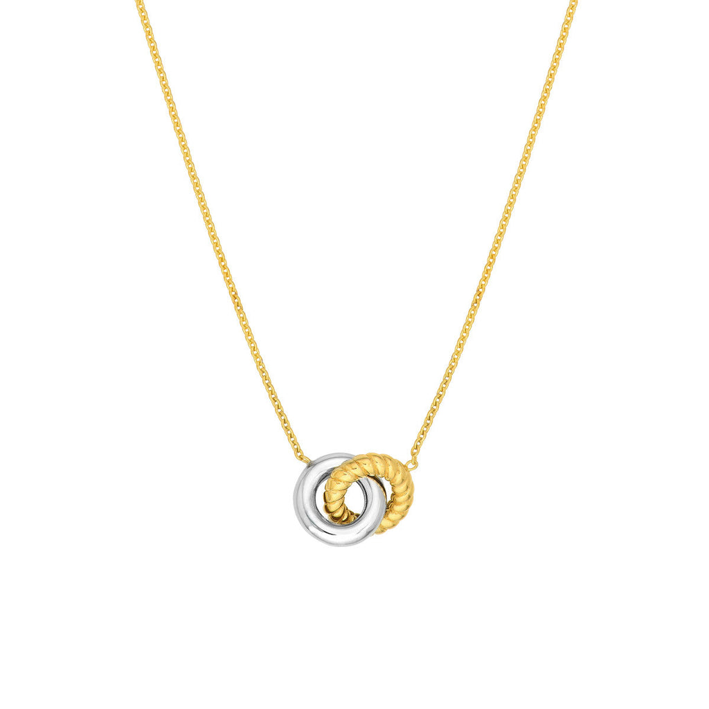 Dual-tone gold interlocking rings necklace.