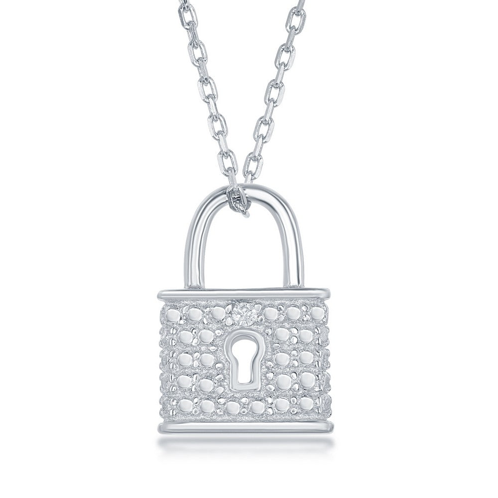 Sterling silver padlock necklace with diamonds.