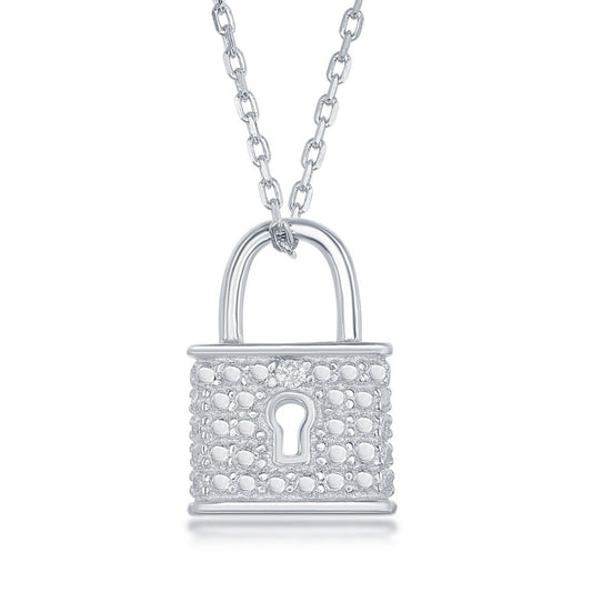 Sterling silver padlock necklace with diamonds.