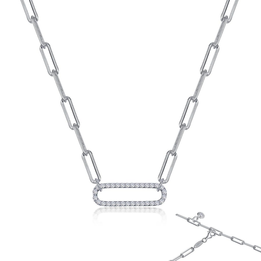 Simulated diamond paperclip necklace, platinum bonded silver.