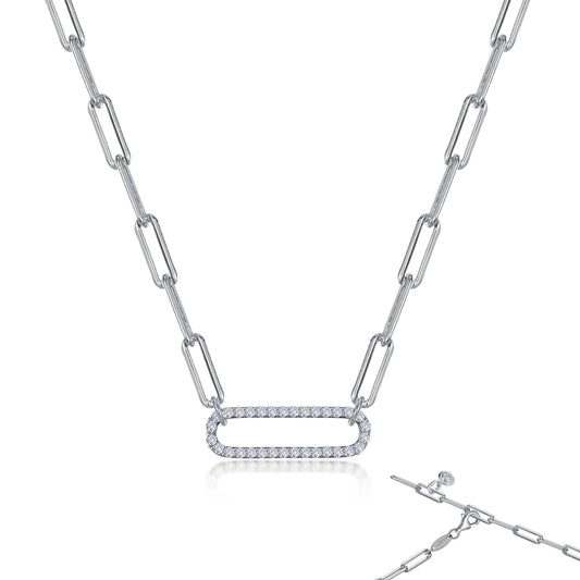 Simulated diamond paperclip necklace, platinum bonded silver.
