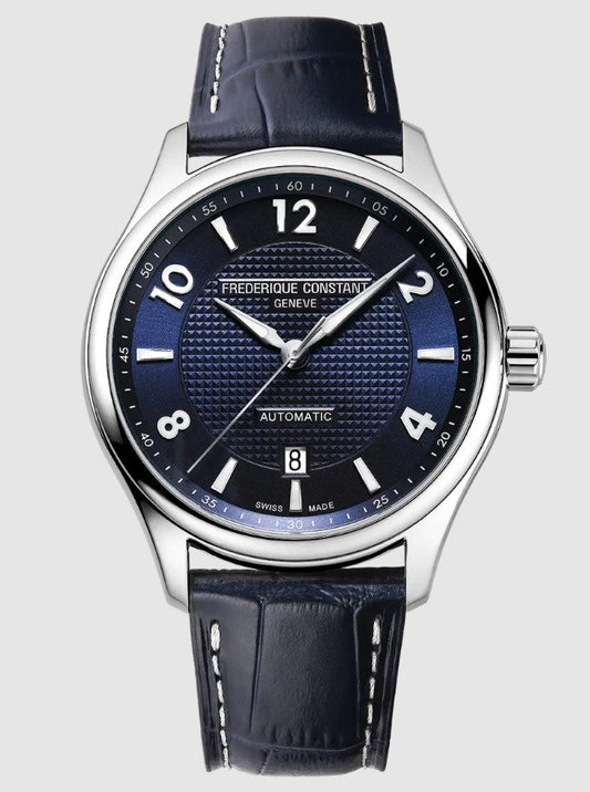 Blue textured dial, stainless steel case, leather strap.