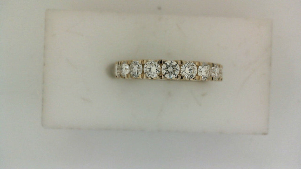 14K yellow gold band, round diamonds.