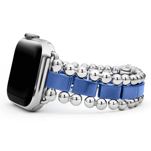 Stainless steel and blue ceramic watch band.