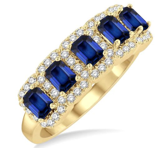 Yellow gold band with emerald sapphires, diamonds.