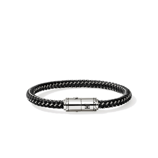 Braided black rubber bracelet, stainless steel clasp.