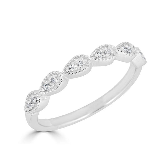 14K white gold band with round diamonds.