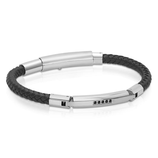 Stainless steel bracelet with black leather.