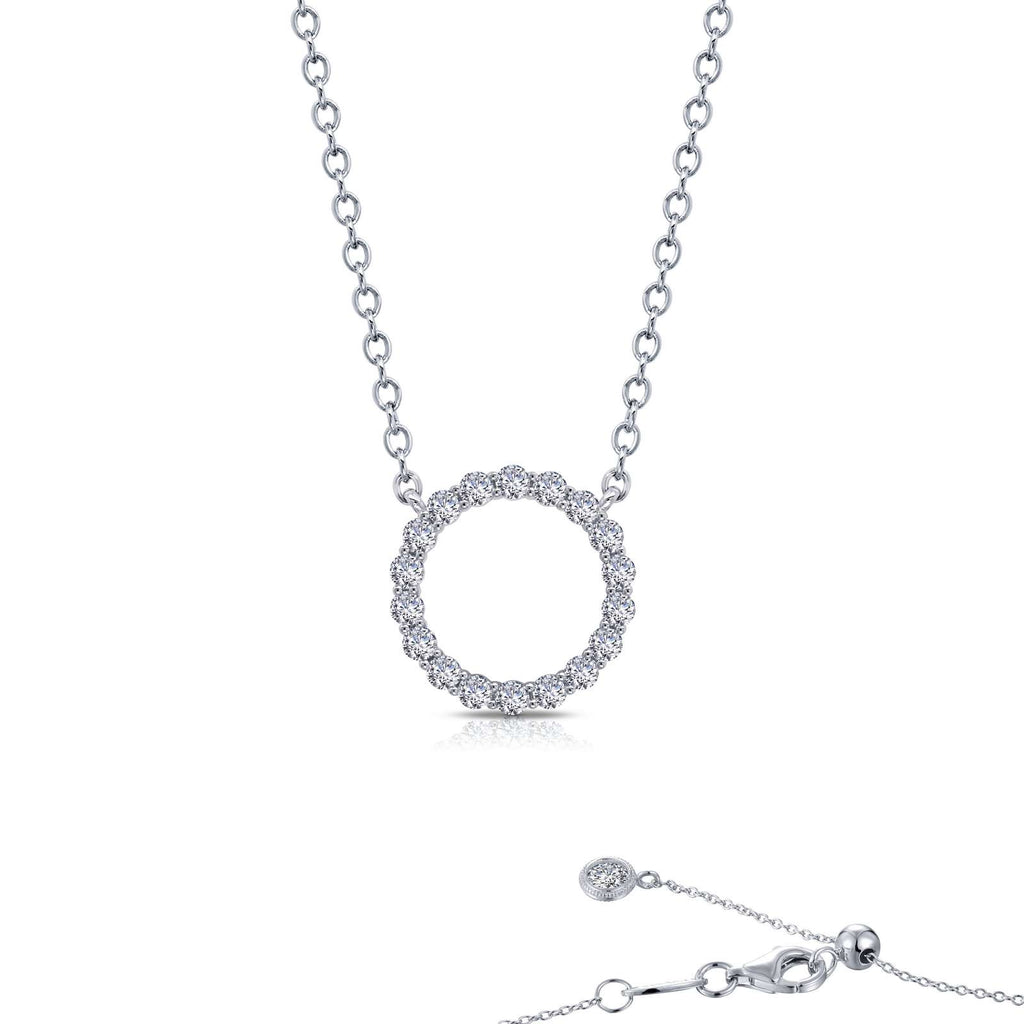Simulated diamond circle necklace, platinum bonded silver.