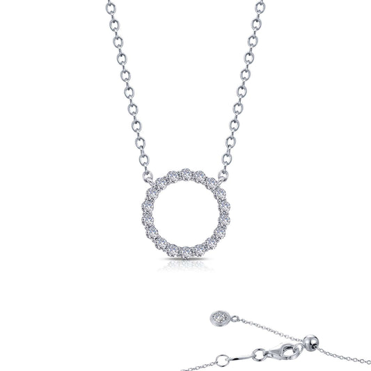 Simulated diamond circle necklace, platinum bonded silver.