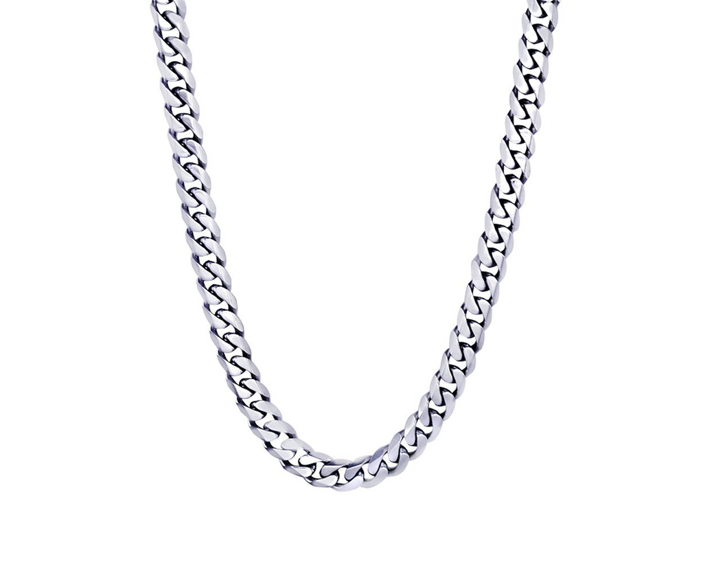 Stainless steel Cuban link chain, polished finish.