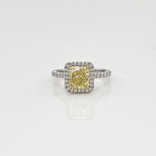 ReMARKable Estate Halo Side Stone Natural Diamond Complete Engagement Ring in 18 Karat Platinum White with 1.52ct Cushion Diamond, Color: Yellow