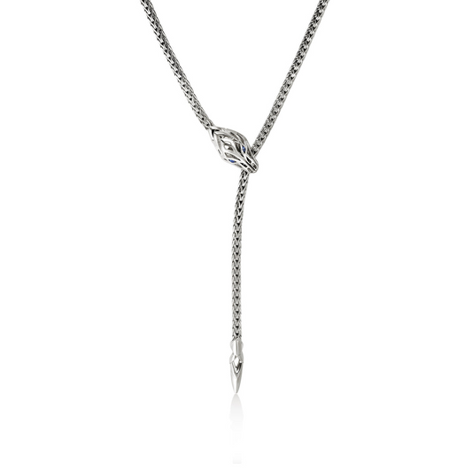 Sterling silver lariat necklace with blue sapphires.
