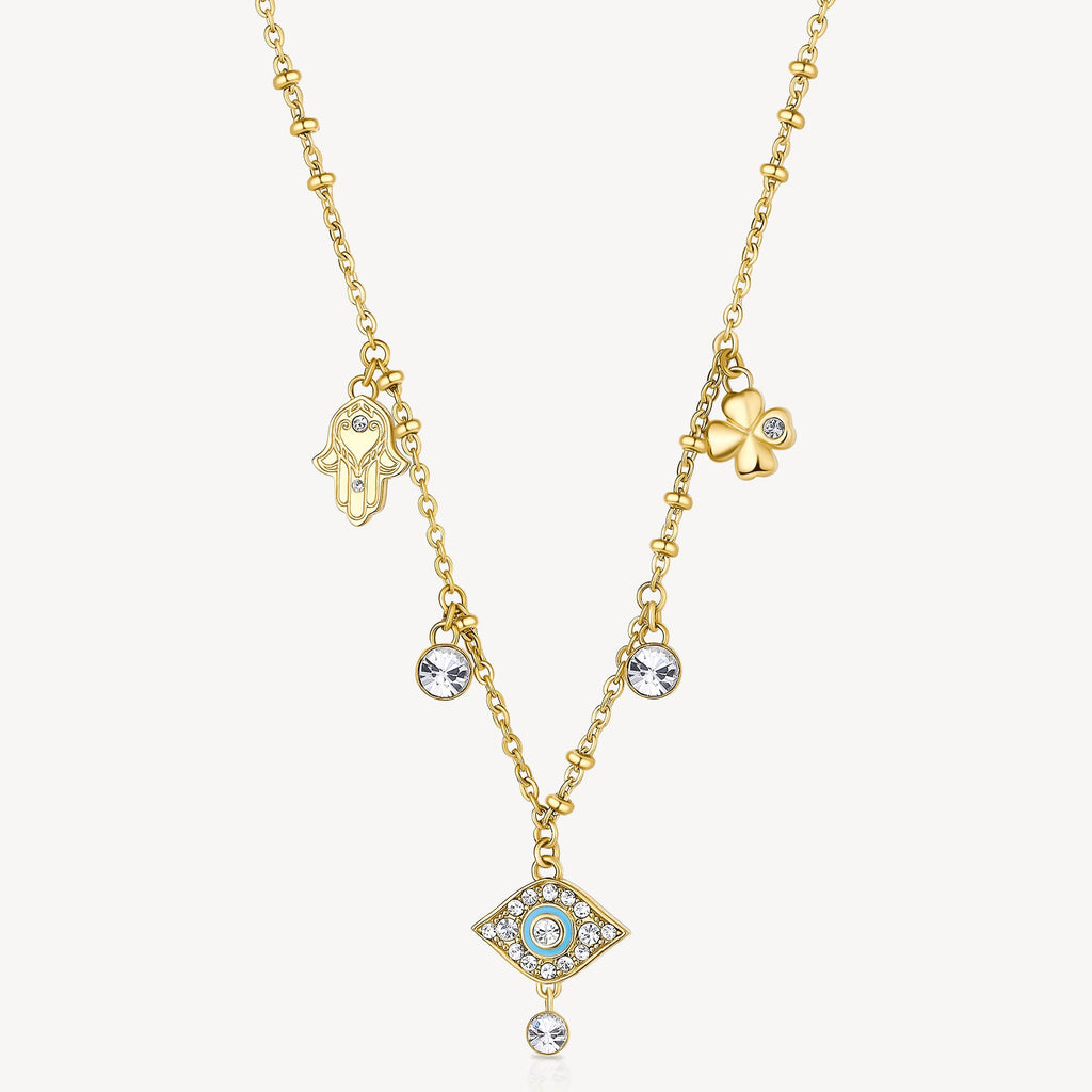Yellow stainless steel necklace with charms and crystals.