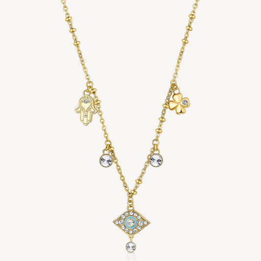 Yellow stainless steel necklace with charms and crystals.