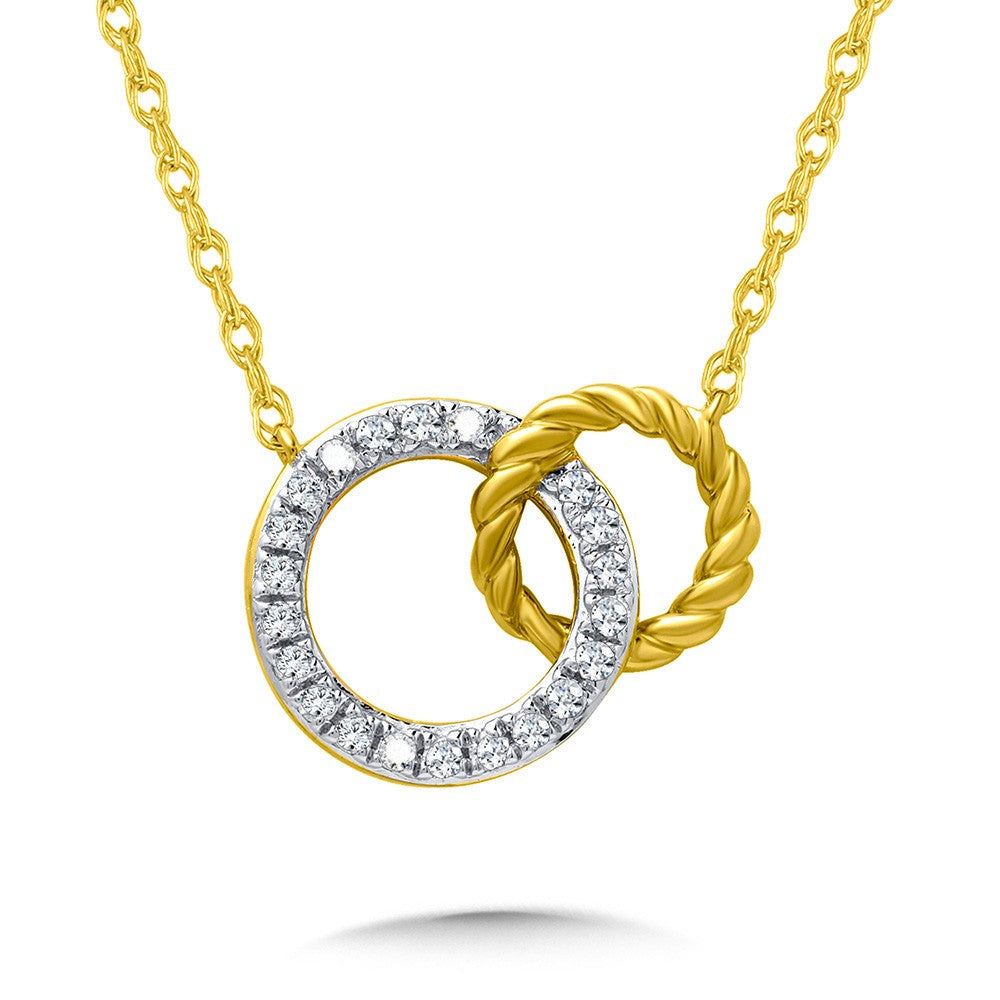 Diamond circle necklace with twisted gold ring.