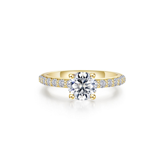 Yellow sterling silver ring with round simulated diamonds.