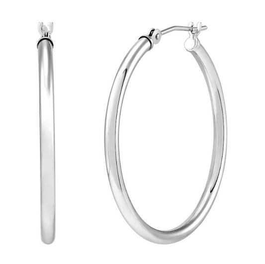 Polished white gold medium hoop earrings.