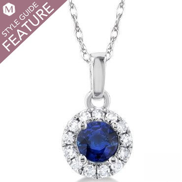 White gold necklace with sapphire and diamonds.