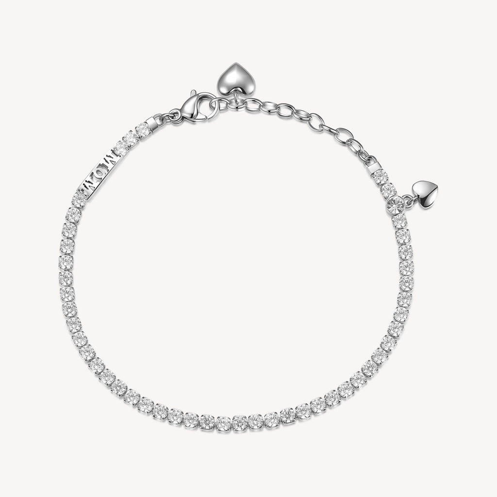 White stainless steel bracelet with simulated diamonds.