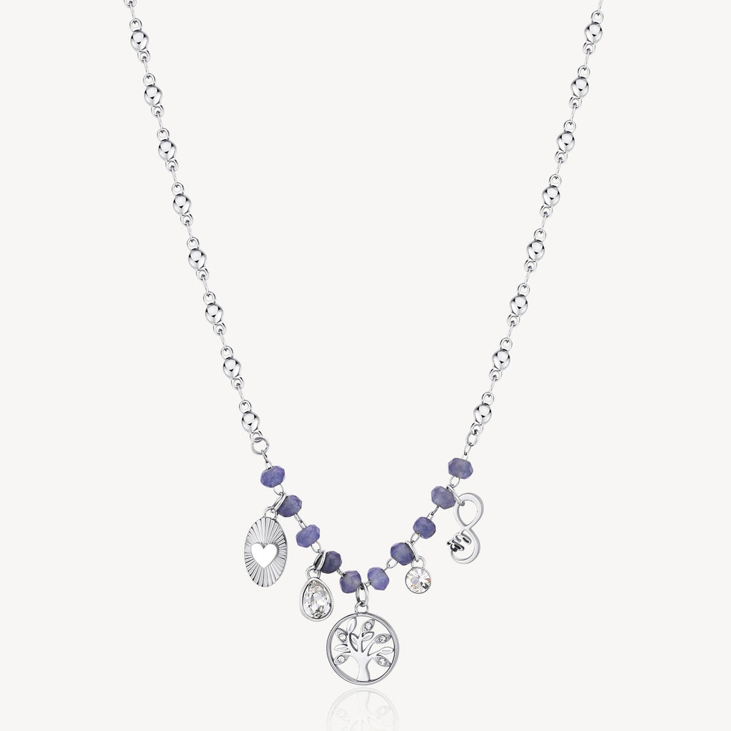Stainless steel necklace with purple gemstones, charms.