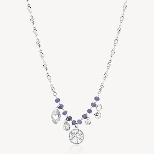 Stainless steel necklace with purple gemstones, charms.