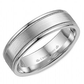 14K white gold carved band, polished satin finish.