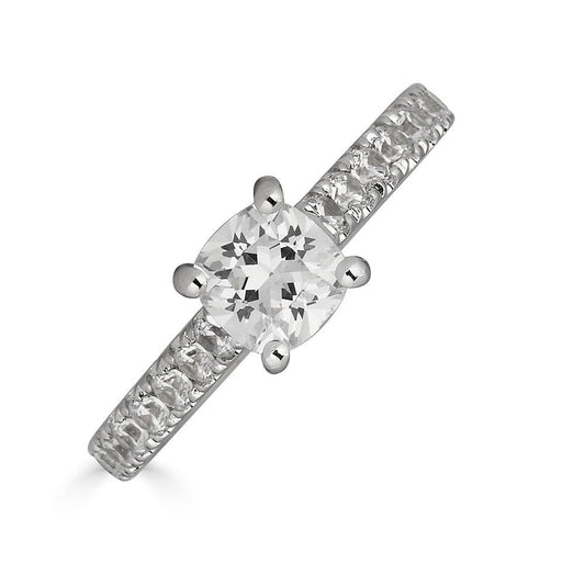 Cushion diamond ring with side stones.