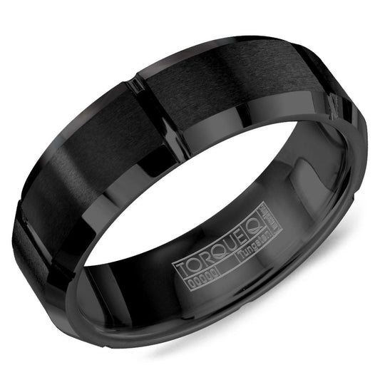 Black tungsten carbide ring with carved design.