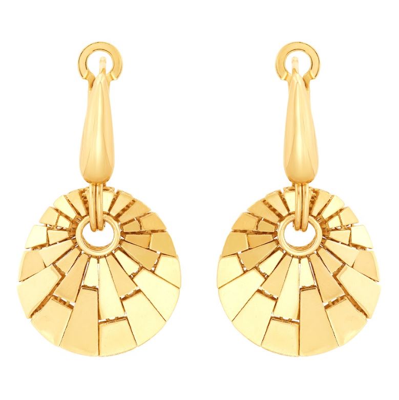 14K yellow gold geometric disc earrings.