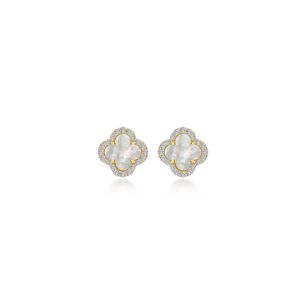 Clover-shaped pearl earrings with diamond accents.