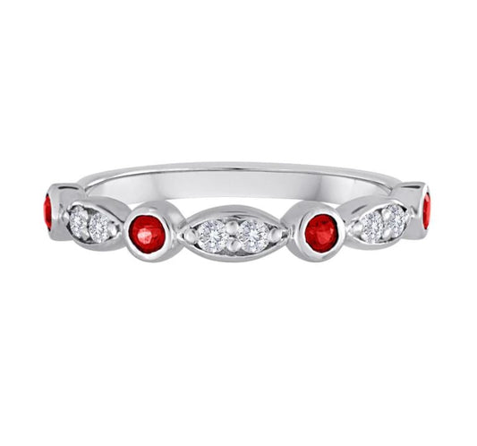 14K white band with rubies and diamonds.