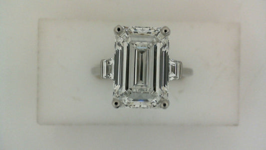 ReMARKable Designs Three Stone Lab-Grown Diamond Complete Engagement Ring in Platinum White with 5.09ct Emerald Center Lab-Grown Diamond, Color: F, Clarity: VVS2 and 0.42ctw Trapezoid Side Lab-Grown Diamonds