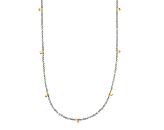 Gold-filled necklace with round labradorite stations.