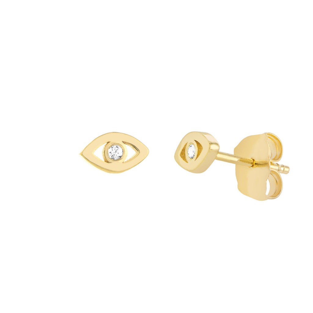 Gold eye-shaped stud earrings with diamonds.