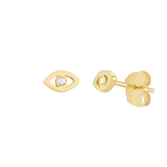 Gold eye-shaped stud earrings with diamonds.