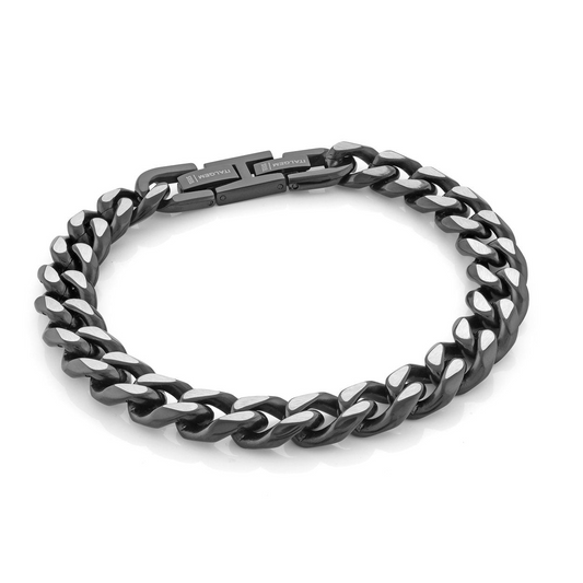 Black-grey stainless steel curb link bracelet.