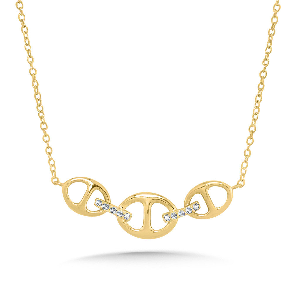Yellow gold necklace with round diamond accents.