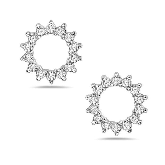 Round diamond halo stud earrings in white gold.