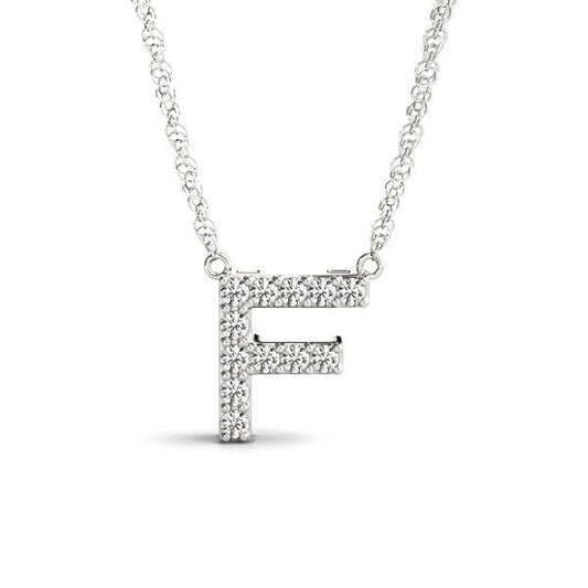 Diamond-studded "F" pendant necklace in white gold.